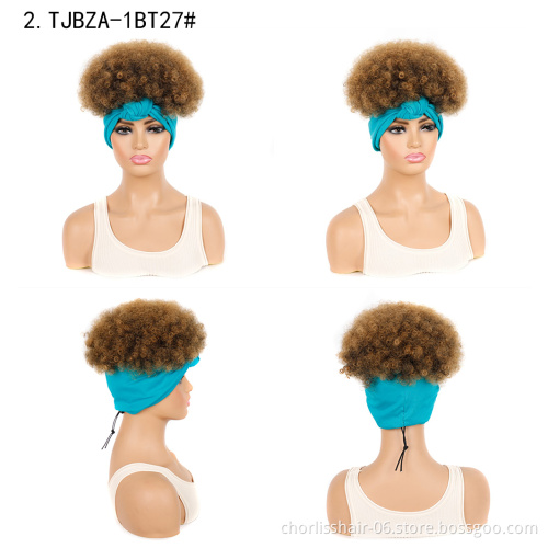 Wholesale Ombre Cheap Turban Afro Wig Afro Wig Short Heat Resistant Fluffy Synthetic Wig With Headband Attached For Women